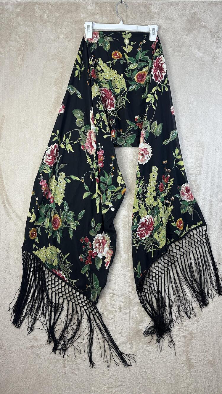 Kay Unger Silk Scarf Womens Black Chiffon Beaded Rose Floral Fringe 80" x 18"